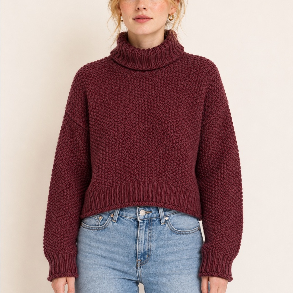 FAVLUX Cozy Burgundy Chunky Knit Cropped Turtleneck Sweater | Size M